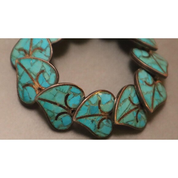 Sterling Turquoise Bracelet Earrings Set Mosaic Heart Leaves Mexican ? - Picture 10 of 16